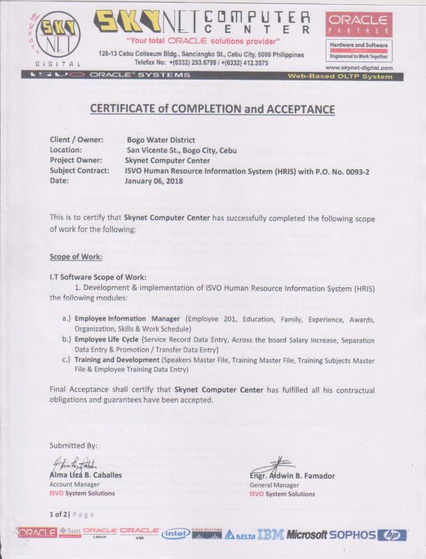 HRIS-A1 System Certificate of Completion and Acceptance