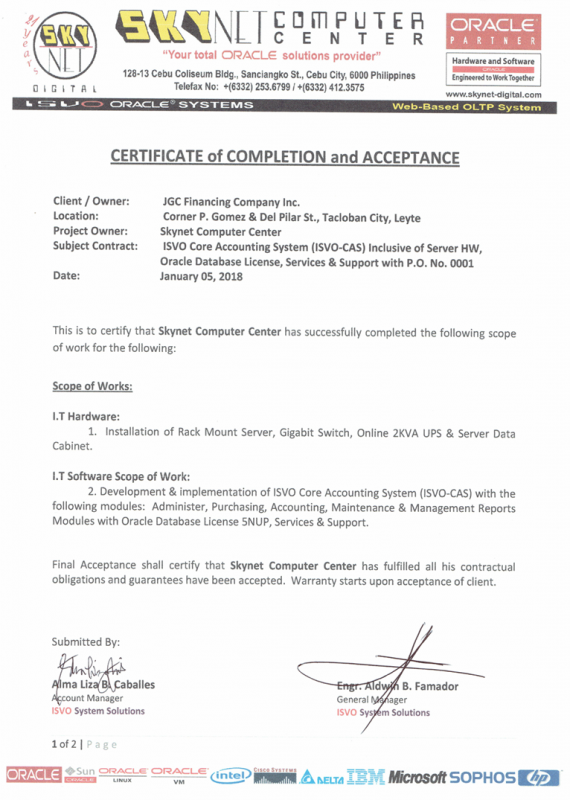 Certificate of Completion and Acceptance