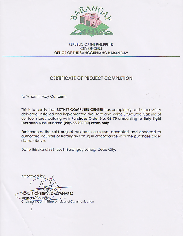 Certificate of Project Completion