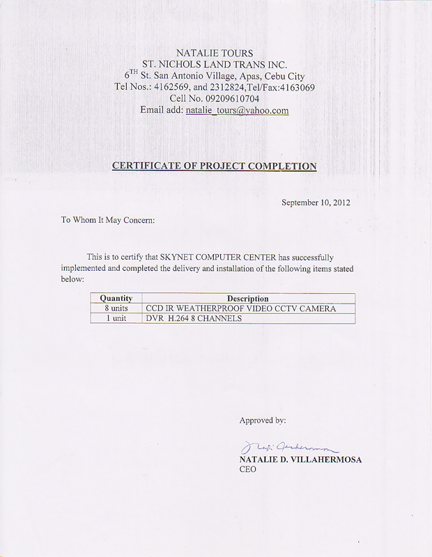 Certificate of Project Completion