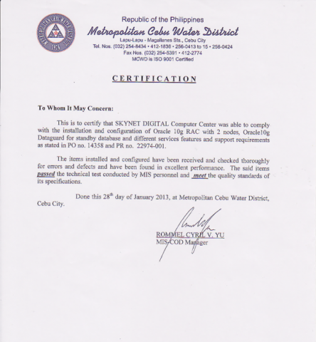 for project certificate sample of Skynet   Clients of Digital Valued List